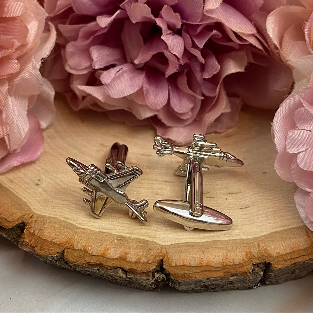 Silver Military Fighter Jet Airplane Cufflinks - Picture 10 of 15